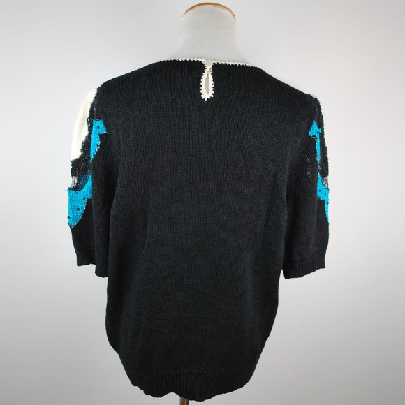 Vintage 80s Lara Ferrante Short Sleeve Angora Trim Sweater M - Picture 6 of 9